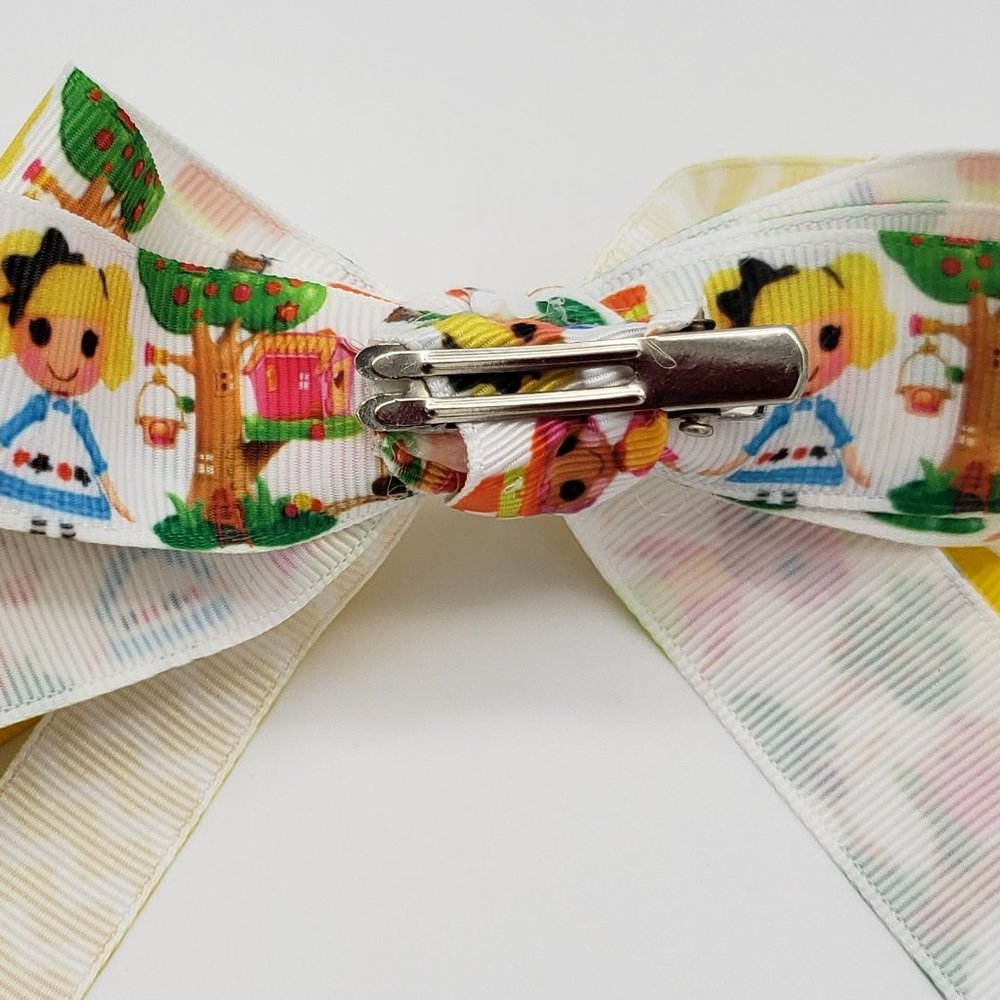 3 Layer La La Loopsy Grosgrain Ribbon Hair Bow Yellow Chevron and Polka Dots - Picture 4 of 5